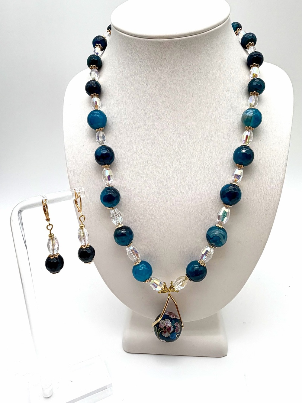Elegant Teal Cloisonné Pendant, blue agate & Faceted Glass Necklace & Earrings 8